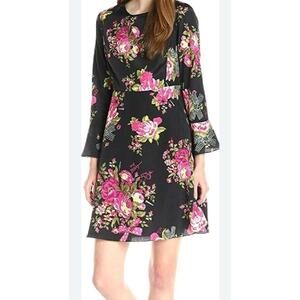 Betsey Johnson‎ Dress Size 6 Black Floral Bell Sleeves